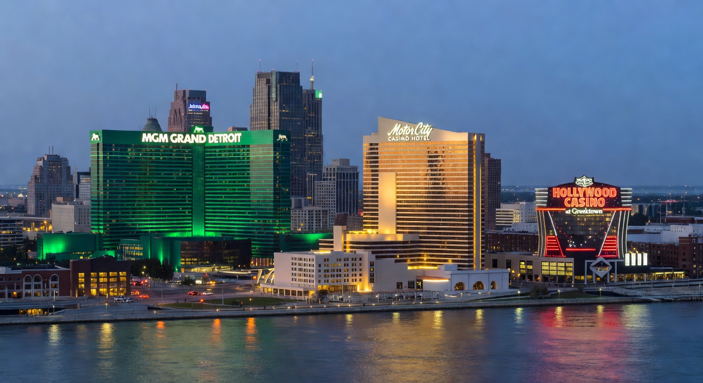 Close-up of bustling casino floor at one of Detroit's venues, with slot machines flashing, roulette wheels spinning, and patrons engaged at table games under bright lights