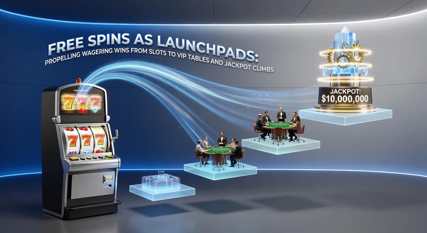 Vibrant slot machine reels spinning with free spins overlay, transitioning to high-stakes VIP tables and glowing jackpot meters in the background