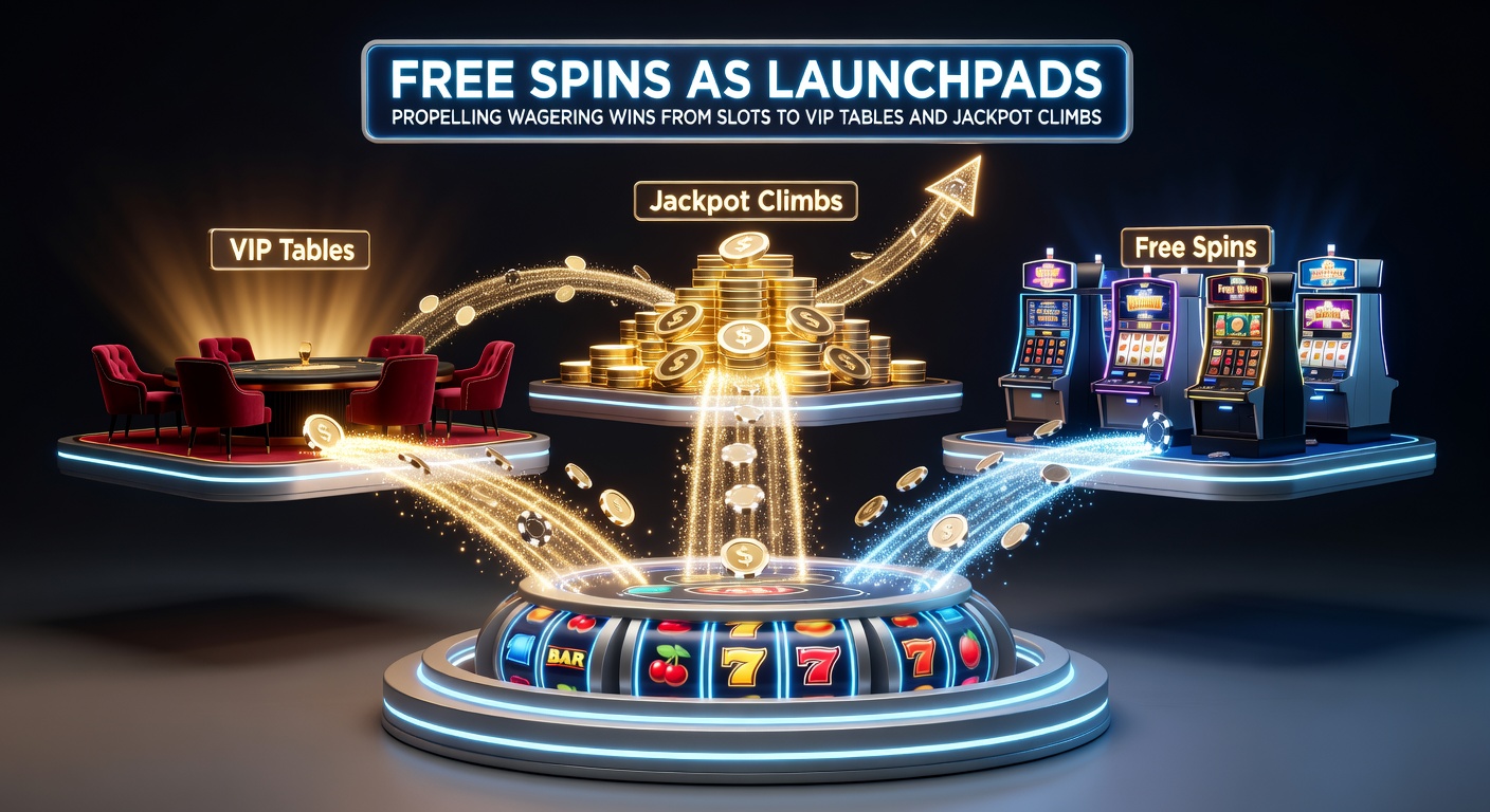 Player at a luxurious VIP table with chips stacking high, slot jackpot ticker rising in the foreground, and free spins icons linking the scenes