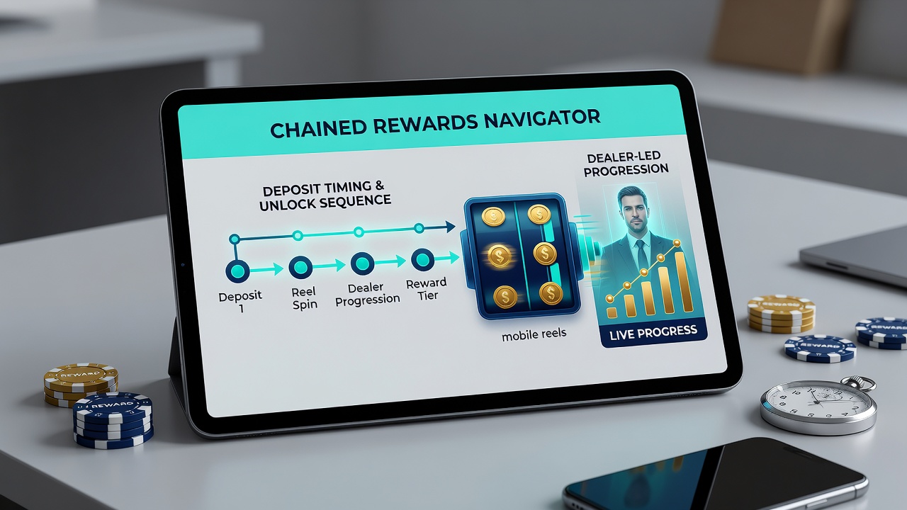 Split-screen view of mobile slot interface transitioning into a live dealer blackjack table with overlaid reward chain indicators