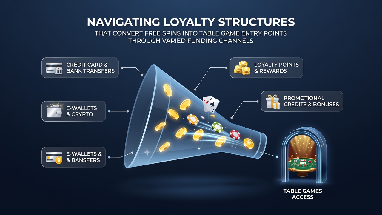 Diagram showing loyalty tier progression from free spins on slots to table game access via multiple deposit methods including cards, e-wallets, and bank transfers