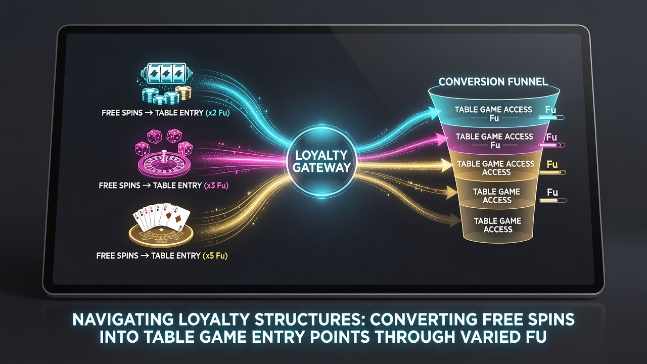 Illustration of payment flow connecting slot free spins through loyalty points to live dealer table entry with icons for crypto, cards, and e-wallets