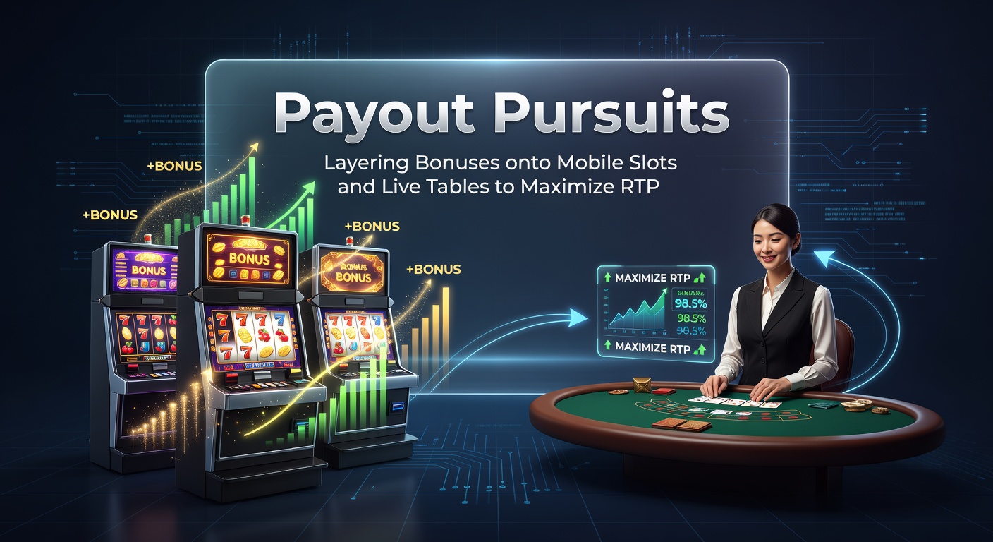 Smartphone displaying a vibrant mobile slot game interface with stacked bonus symbols and RTP percentage highlighted, alongside a live dealer blackjack table on split screen
