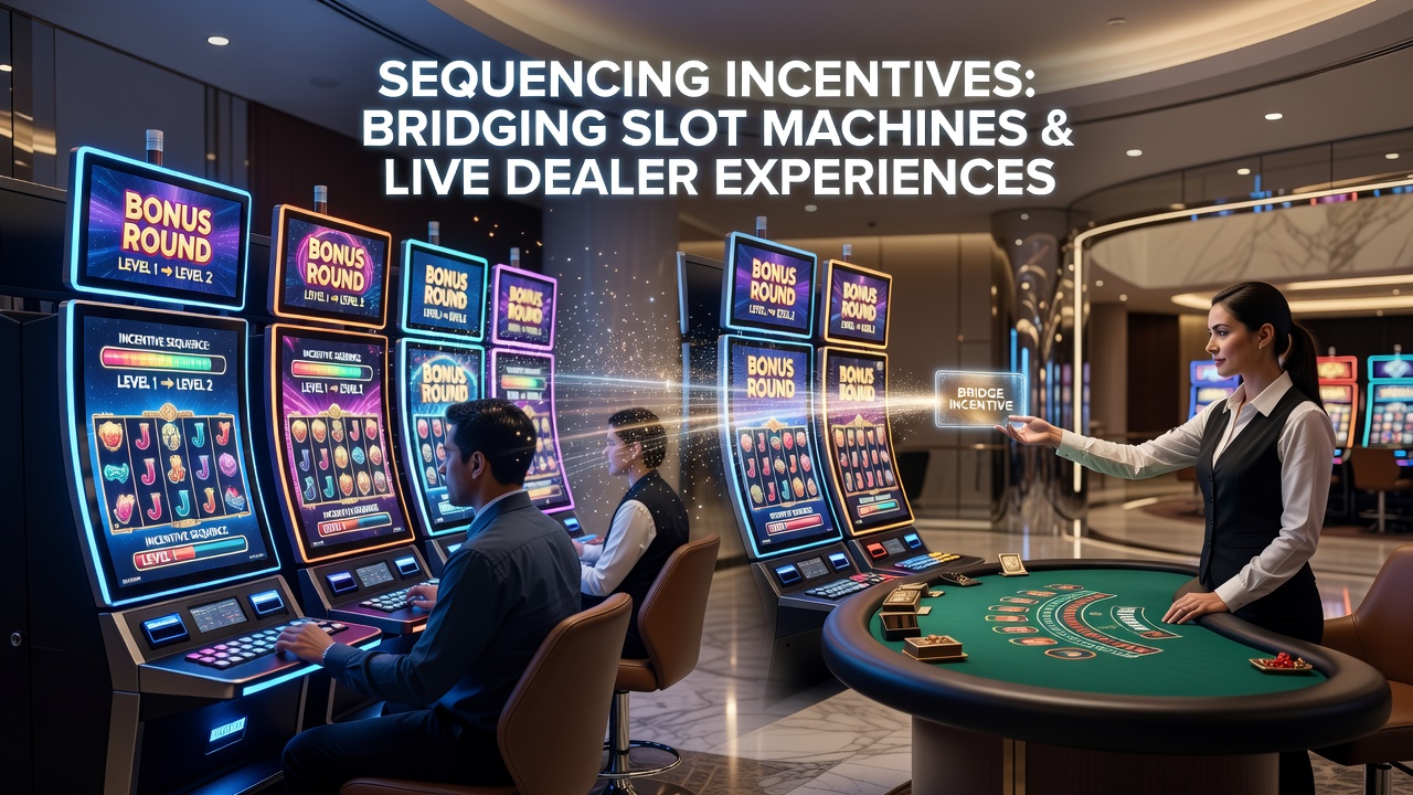 Casino floor showing slot machines transitioning to live dealer tables with incentive overlays