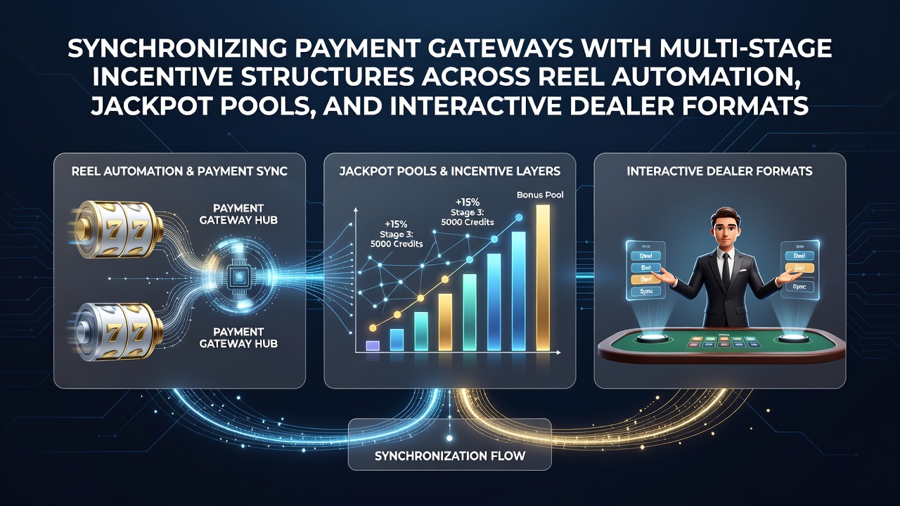 Diagram showing payment gateway integration with slot reels, jackpot pools, and live dealer tables in a unified system