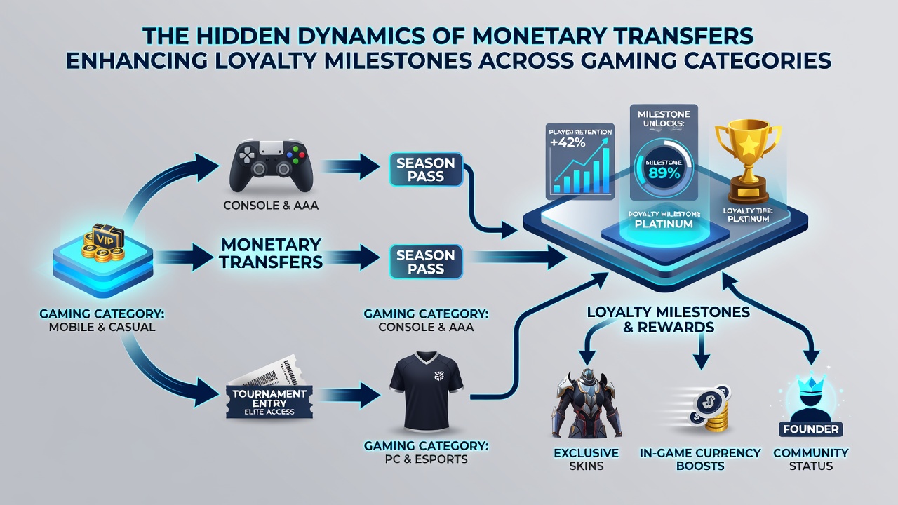 Network diagrams illustrating monetary flow patterns between gaming categories and loyalty milestone trackers