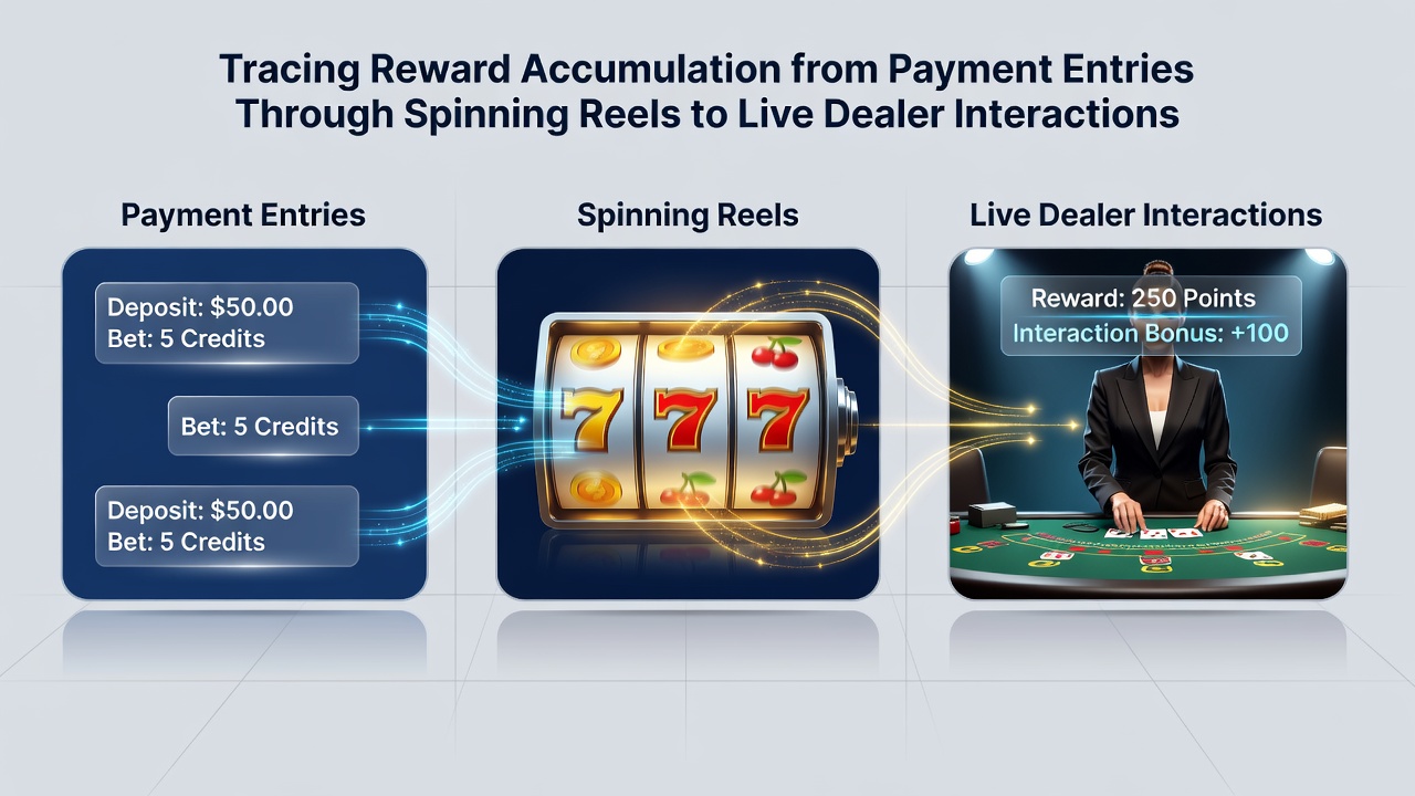 Split view of slot reel interface merging into live dealer table with status bar showing tier progression