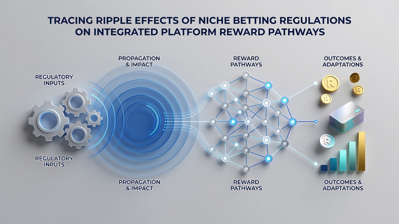Abstract network diagram showing regulatory influences on digital betting reward systems and platform pathways