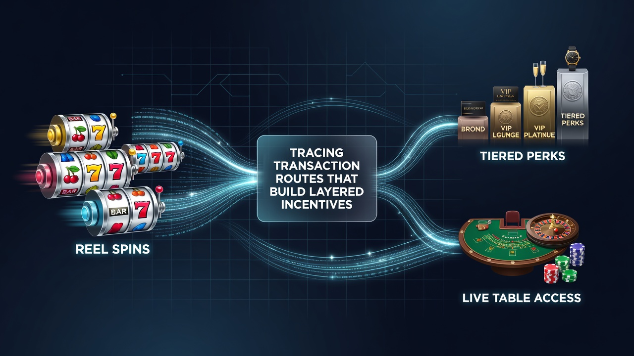 Diagram showing transaction flows from slot spins through bonus layers to live dealer tables and VIP perks