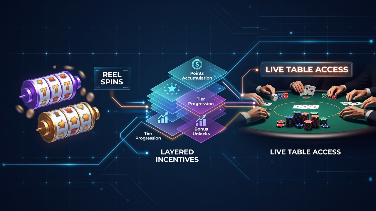 Flowchart illustrating how slot wagers convert into live table access points and escalating perk tiers