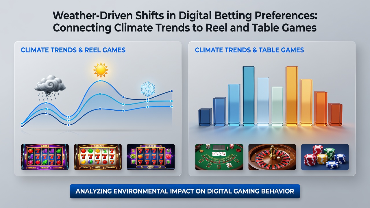 Digital interface showing reel and table game options with weather overlay indicators